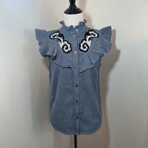 Parker Ruffle Trim Sleeveless Shirt Chambray Women's Western $278 XS
